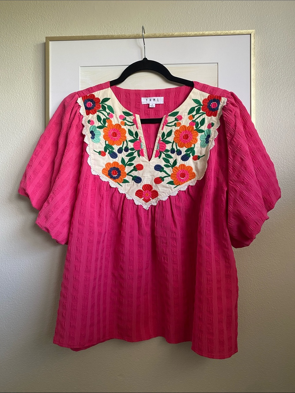THML Pink Embroidered Puff Sleeve Blouse, Sz L